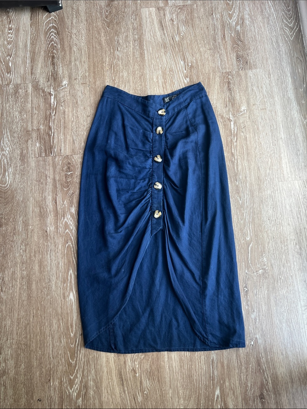 Zara Navy Button-Front Linen Midi Pencil Skirt with Gathered Detail